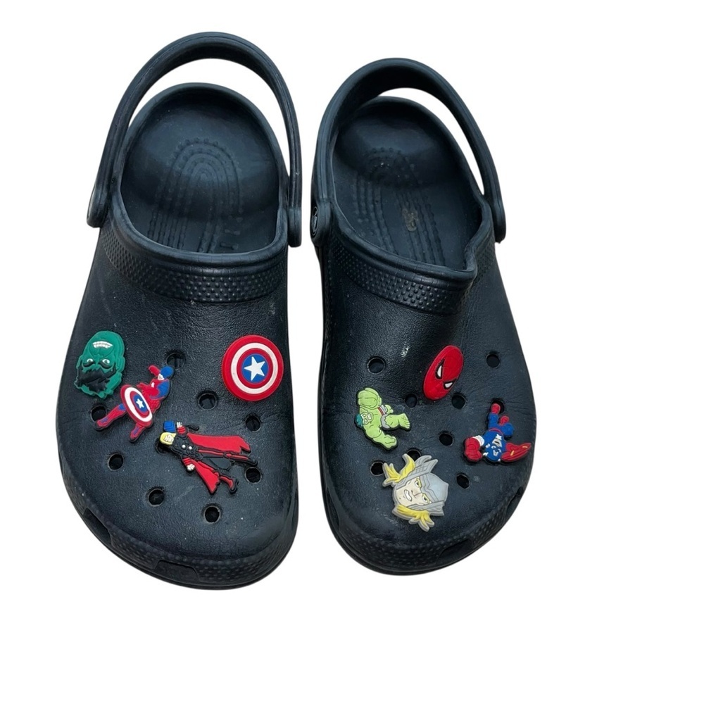 Classic black crocs clogs with jibbitz marvel charms men 6 women 8